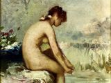 une image représentant un tableau où l'on voit une femme nue assise sur un rocher au bord d'une rivière