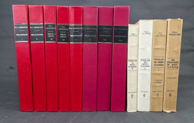 four red books are lined up on a black surface