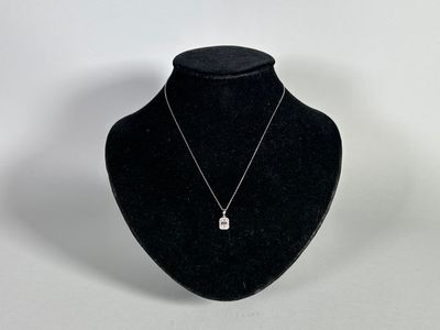a black mannequin with a silver necklace on a white background