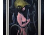 painting of a woman in a yellow hat holding a knife