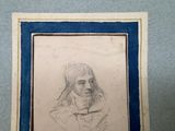 drawing of a woman in a blue dress with her hand on her chin