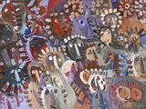 un tableau représentant un groupe de personnes debout face à une foule