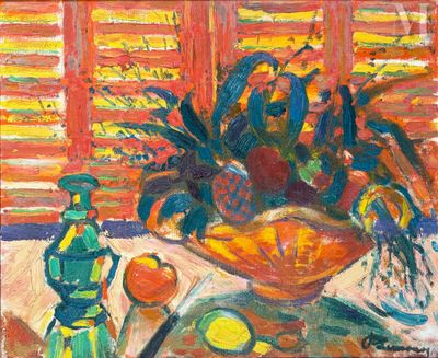 a painting of a bowl of fruit on a table