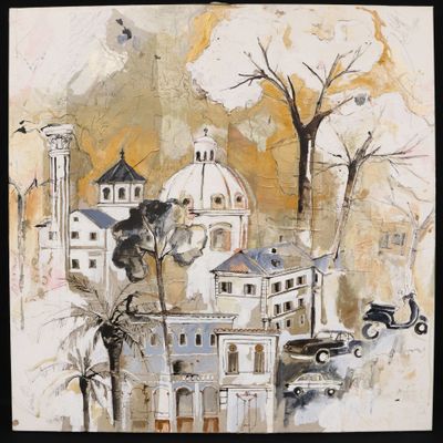 an image of a painting of a city with a horse and carriage
