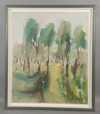 un tableau représentant des arbres dans un champ d'herbe verte