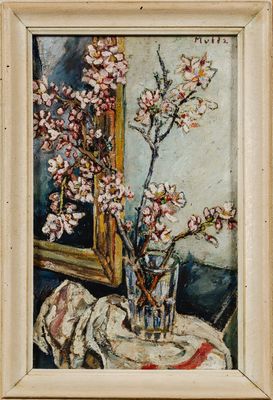 painting of a vase of flowers on a table with a mirror