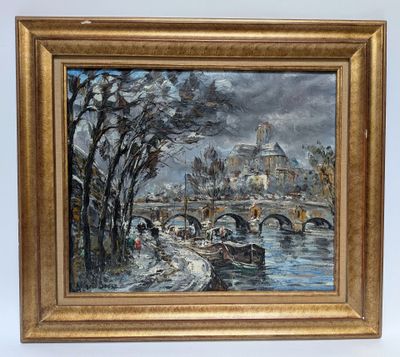 an oil painting of a river scene with a bridge and a castle