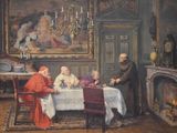 painting of a group of people sitting around a table in a room