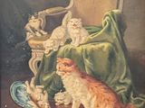 un tableau représentant un chat assis sur une chaise à côté d'autres chats
