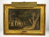 an oil painting of a wooded scene with a man and a dog