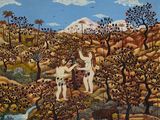 a painting of a man and a woman in a field with animals