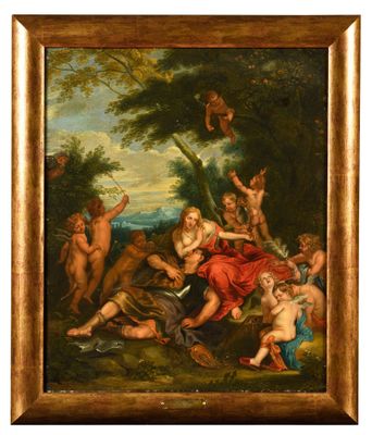 a painting of a group of people in a wooded setting