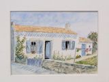 a watercolor painting of a house with blue shutters