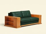a green leather couch with a wooden frame on it