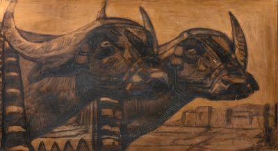 un tableau représentant deux taureaux debout l'un à côté de l'autre