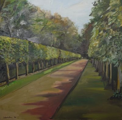 une peinture à l'huile représentant un sentier dans un parc bordé d'arbres