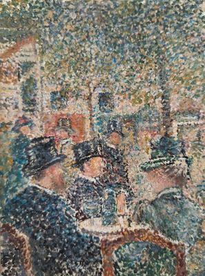 une image d'un tableau représentant un groupe de personnes assises à une table