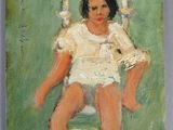une peinture à l'huile représentant une femme assise sur une chaise dans une pièce verte