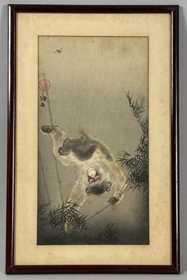 painting of a cat hanging on a bamboo tree branch with a bird in the background