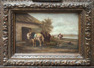 une photo d'un tableau représentant des chevaux devant une grange