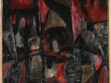 a painting of a black and red abstract painting