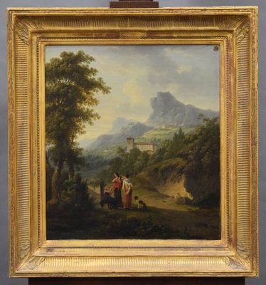 an oil painting of a landscape with figures in a wooded setting