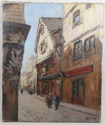 peinture d'une scène de rue avec des personnes marchant dans la rue
