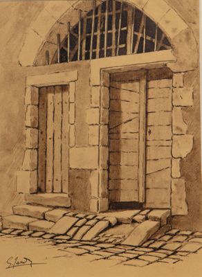 une image représentant un dessin d'une porte et d'un escalier dans un bâtiment en pierre