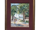 framed oil painting of a beach scene with sailboats in the distance
