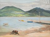 un tableau représentant des bateaux sur l'eau, près du rivage