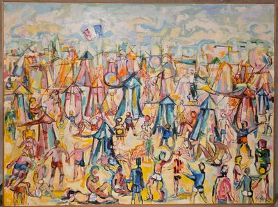 une peinture à l'huile représentant une scène de cirque avec des personnes sur une plage