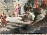a painting of a group of people standing around a fountain