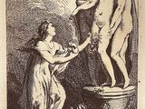 an old book with a drawing of a woman washing a man ' s hands