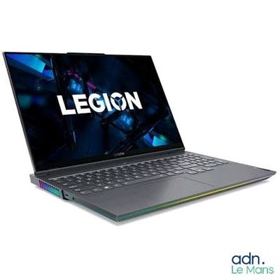 a close up of a laptop on a white background with the word legion on the screen