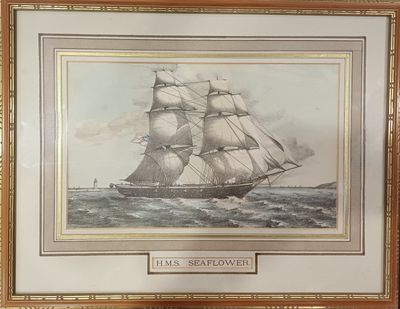 tableau représentant un grand voilier en pleine mer, sur lequel est apposée une plaque