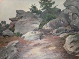 a painting of rocks and trees on the side of a mountain