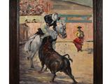 une peinture à l'huile représentant un homme à cheval et un taureau dans une arène