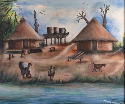tableau représentant un village avec des personnages et des animaux au bord de l'eau
