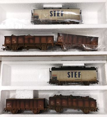 trois wagons de train miniature dans des boîtes en plastique, posés sur une table