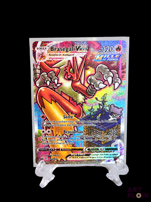 the pokemon card is displayed on a stand with a black background