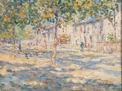 an image of a painting of a street with trees in the foreground