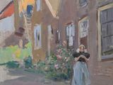 tableau représentant une femme en robe bleue debout devant un moulin à vent