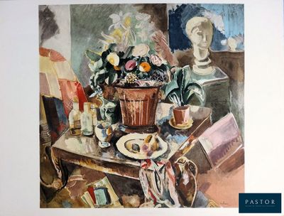 un tableau représentant une femme assise à une table avec un panier de fleurs