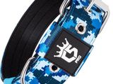 a blue camo dog collar with a metal buckle