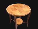 an image of a wooden table with two stools on it