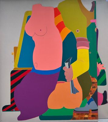 a painting on the wall of a room with a painting of a woman holding a knife