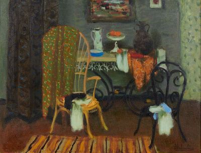 un tableau représentant un chat assis sur une chaise dans une pièce