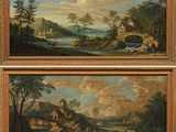 two paintings of a landscape with a river and a village