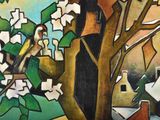 a painting of a bird perched on a tree