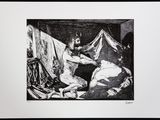 black and white drawing of a man painting a woman on a bed